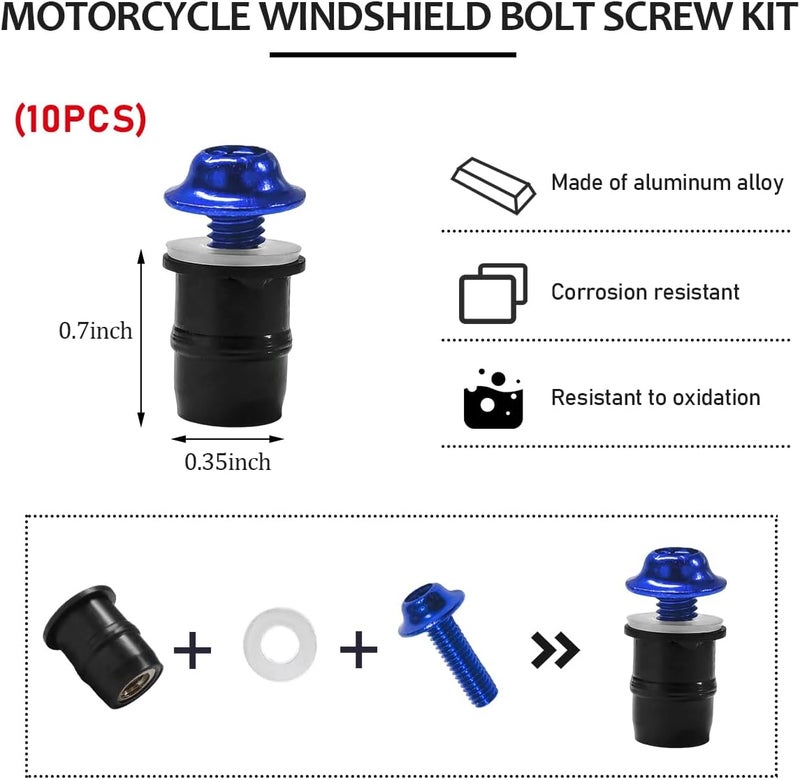 KVAEY 10 PCS Motorcycle Windshield Bolt Screw Kit, Aluminum Alloy Windscreen Mounting Bolt Screws, Universal Windshield Screws Bolts Nuts for Motorcycle Fairings, Car Accessories (Blue) - Image 2